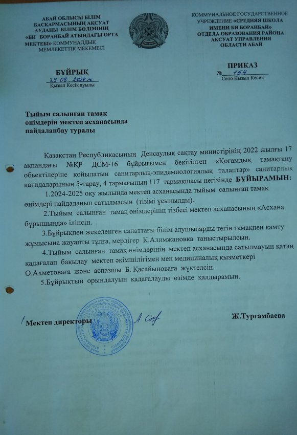 Тыйым салынған тамақ өнімдерін мектеп асханасында пайдаланбау туралы бұйрық